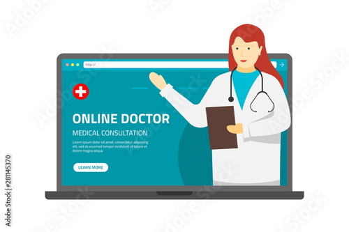 Health care online consultation conceptual banner. Medical internet assistance. Female doctor consultant gives medicine information. Patient uses laptop for online diagnostics. Vector illustration