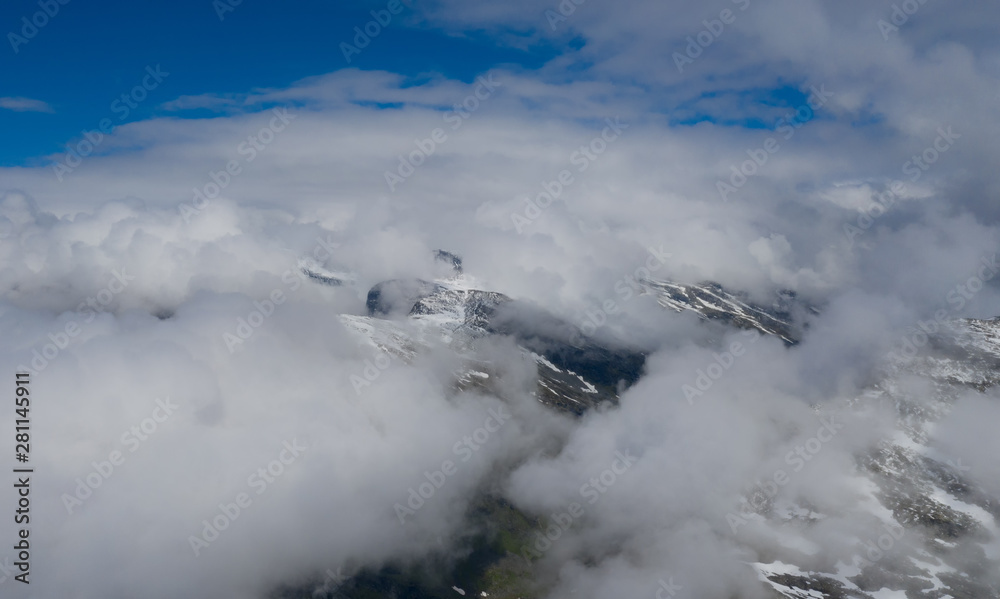 Aerial(drone) view on mountain Dalsnibba. Landscape in Geiranger, Norway in july 2019