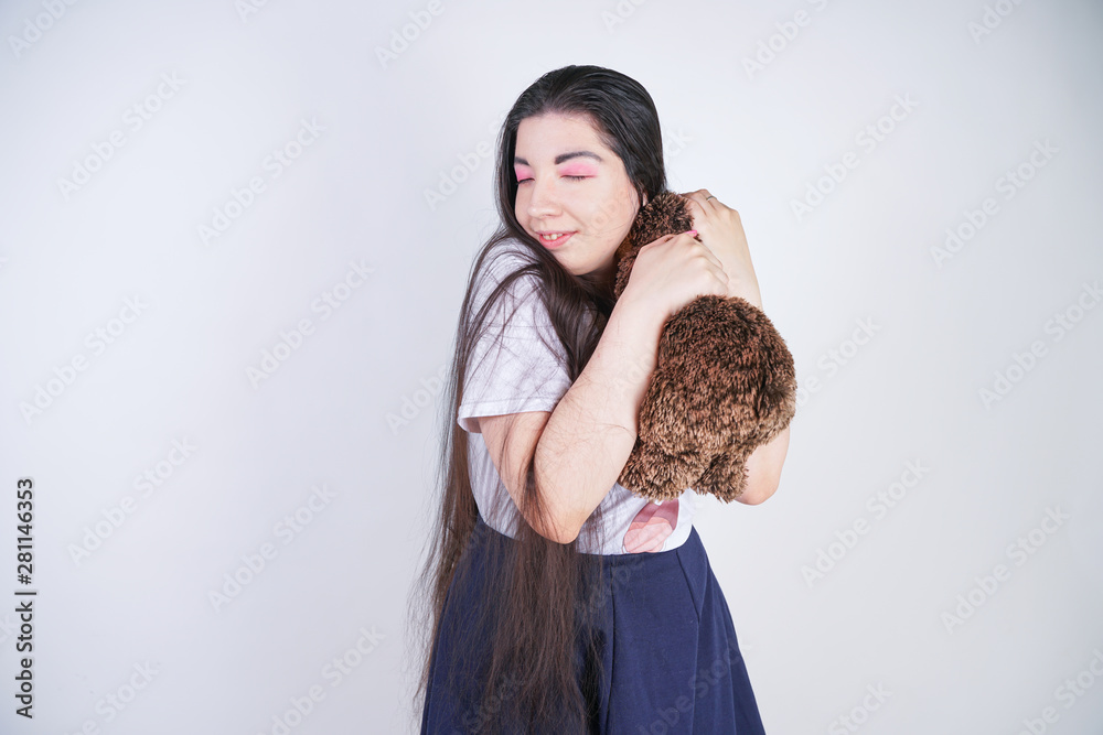 Asian Adult Plus Size Cosplay Woman with teddy bear toy Asian Adult Plus Size Cosplay Woman with teddy bear toy