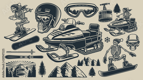 Set of black and white vector illustrations of winter sport