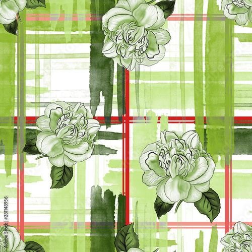 Fototapeta Naklejka Na Ścianę i Meble -  watercolor pattern rose blue , brush stripe plaid