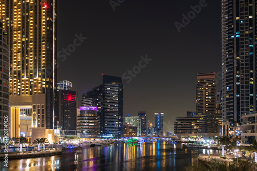 View of Dubai Marina by night, UAE. May 2019