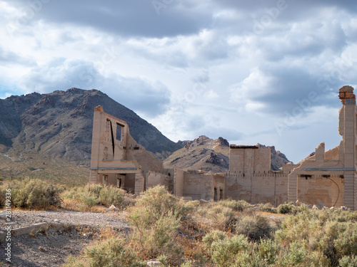 Ruins of a building (John S Cook and Company Bank) in the ghost town of Rhyolite in the desert of Nevada, USA.