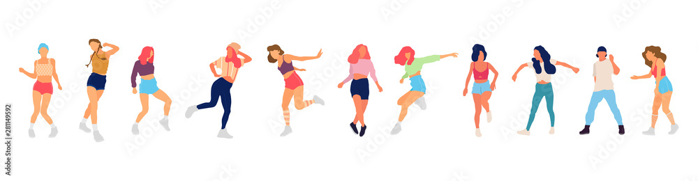 Crowd of young people dancing at club. Big set of characters having fun at party. Flat colorful vector illustration.