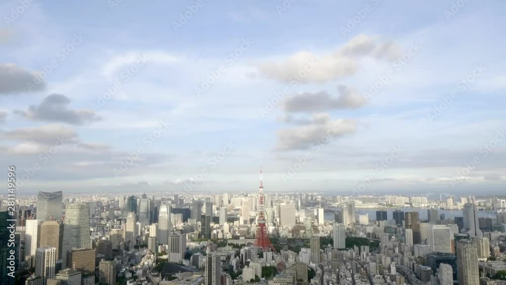 Aerial view of the Tokyo tower and surrounding city skyline at midday.