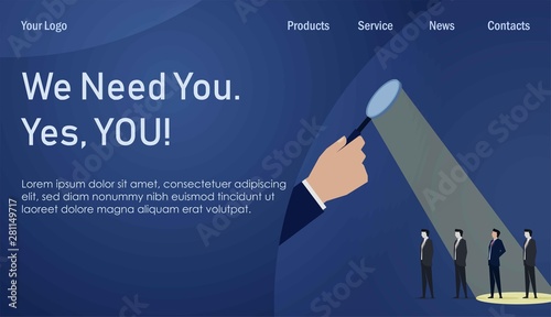 Hand with magnify choose employee for hiring worker. Business Landing Page Template.