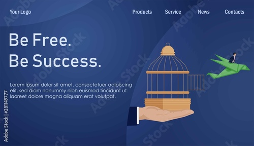 Businessman out of birdcage with dollar origami bird. Business Landing Page Template.