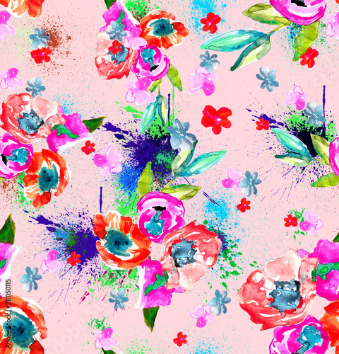 watercolor leopard floral seamless pattern