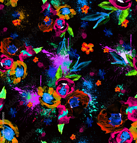 watercolor leopard floral seamless pattern