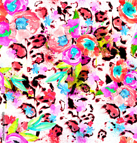 watercolor leopard floral seamless pattern