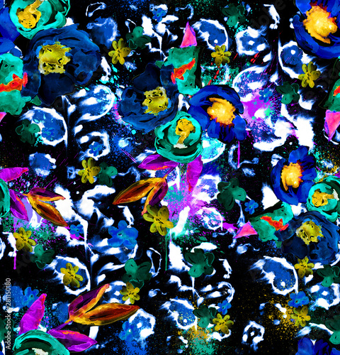 watercolor leopard floral seamless pattern