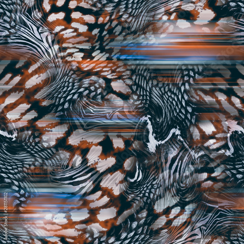 Mix animal skin print repeat seamless pattern design. Leopard, snake, zebra, tiger, crocodile texture background.