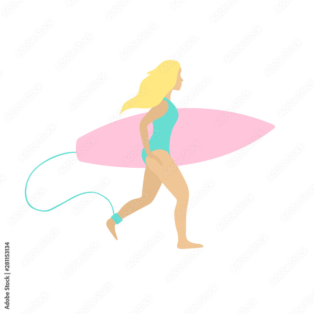 Vector flat cartoon simple young blond surfer woman girl with surf boad running isolated on white background