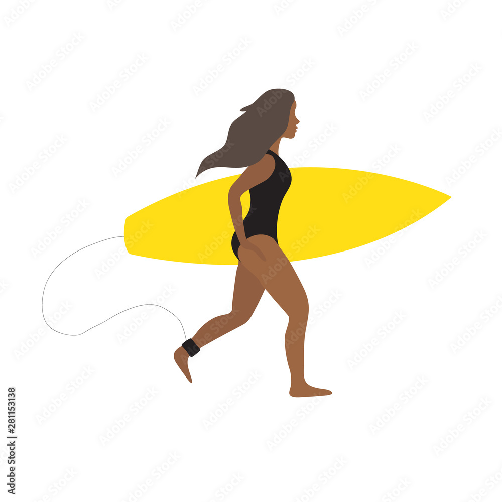 Vector flat cartoon simple young dark african surfer woman girl with surf boad running isolated on white background