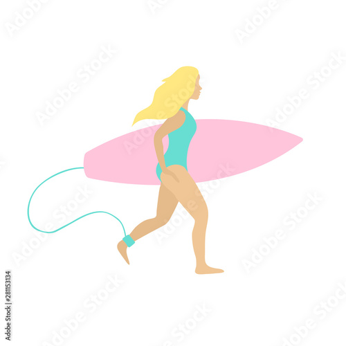 Vector flat cartoon simple young blond surfer woman girl with surf boad running isolated on white background