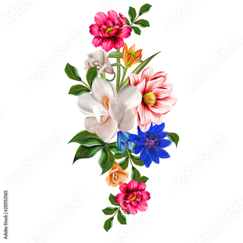 floral illustration - bouquet with bright  vivid flowers, green leaves, for wedding stationary, greetings, wallpapers, fashion, backgrounds, textures, DIY, wrappers, cards.