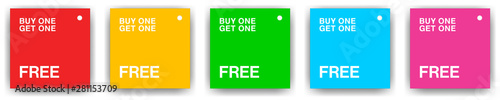 Pack of 5 square product tags for buy one get one free with different background colours