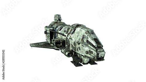 Old alien spaceship, UFO spacecraft in flight isolated on white background, front view, 3D rendering