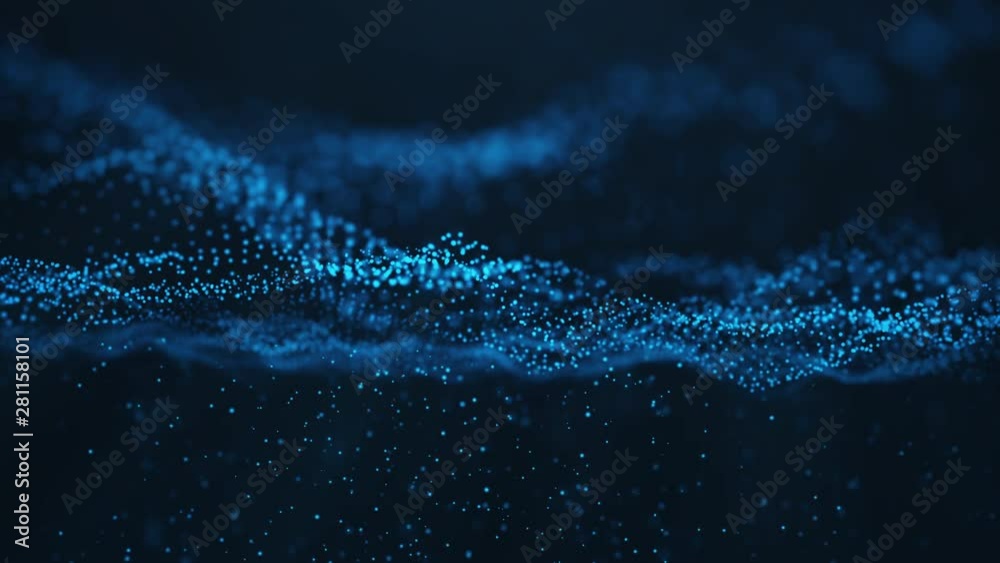 Abstract motion background of shining particles, digital wave, sparkling blue particles. Beautiful blue floating particles with shine light fall down. Seamless Loopable 3D. 4K