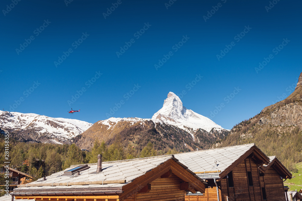 Matterhorn Mount Scenery Over City Old Town of Zermatt, Switzerland., Cityscape of Countryside and Natural Alpine of Travel Destination in Swiss, Mountain Range of Alps, Nature Scene Background.