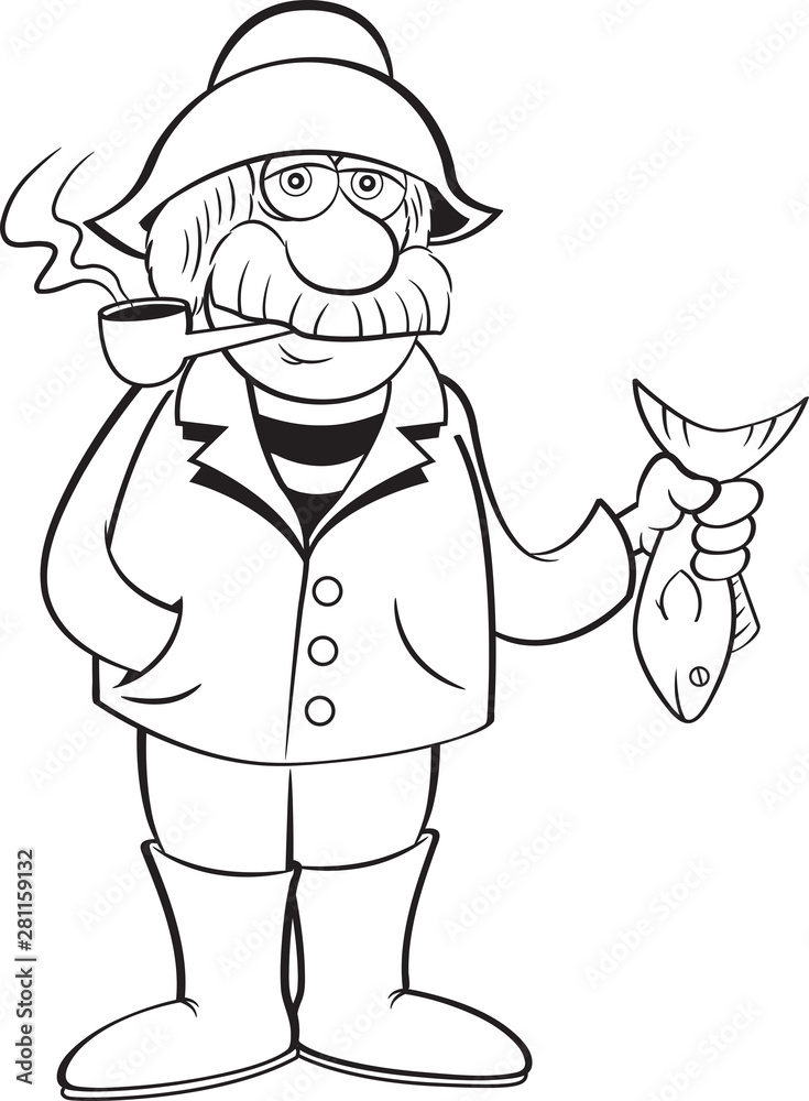 Black and white illustration of an old sea captain holding a fish. Black and white illustration of an old sea captain holding a fish.