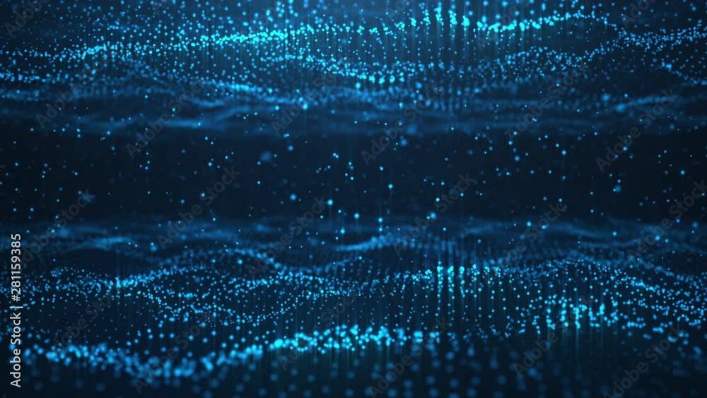 Abstract motion background of shining particles, two digital wave with sparkling blue particles. Beautiful blue floating particles with shine light. Seamless Loopable 3D. 4K