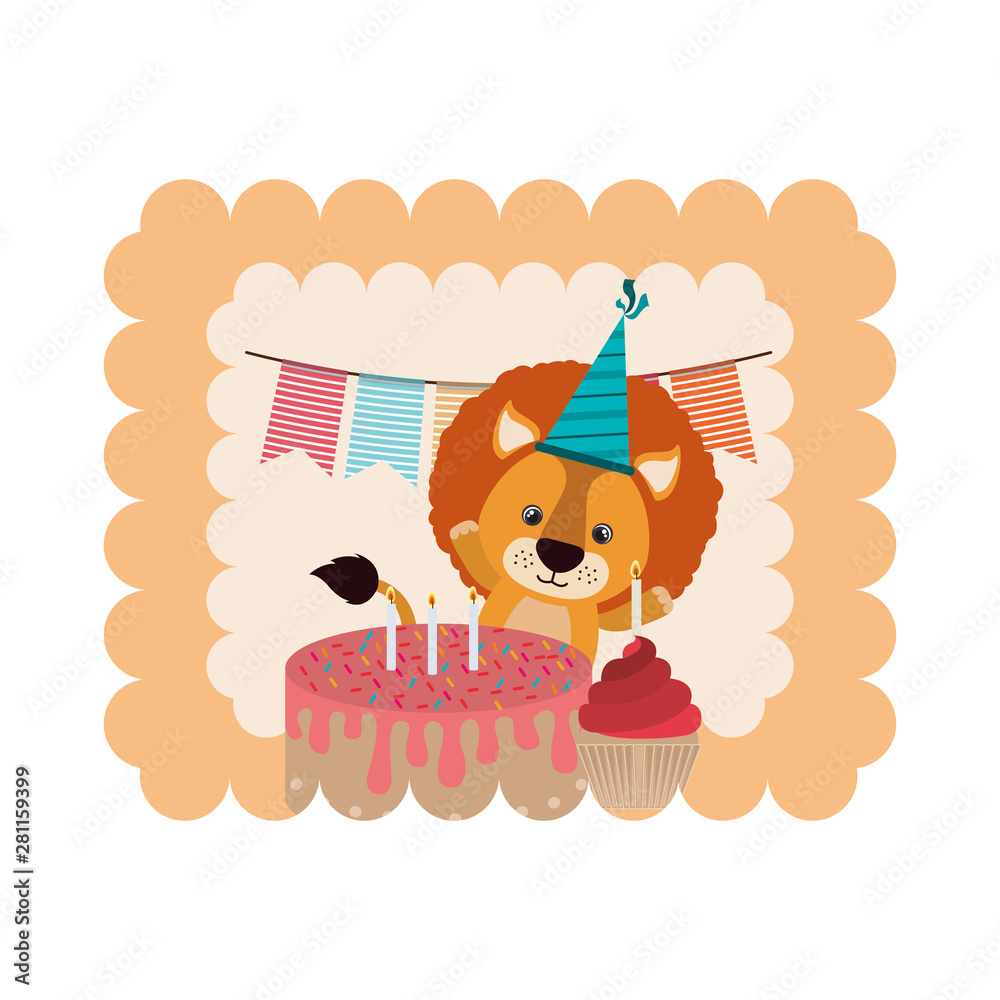 birthday card and lion with hat party