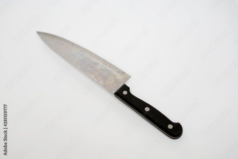 Various kitchen knives with black handle isolated with white background Various kitchen knives with black handle isolated with white background