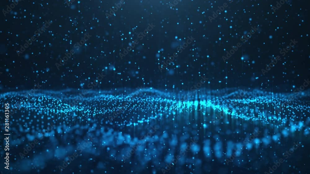 Abstract motion background of shining particles. Digital signature with wave particles, sparkle. Beautiful blue floating particles with shine light rise up. Seamless Loopable 3D. 4K animation