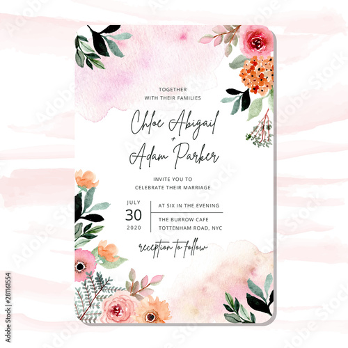 wedding invitation with pretty watercolor floral frame