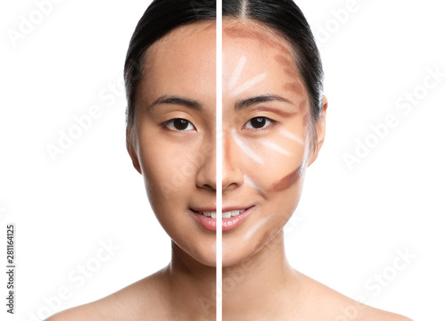 Face of Asian woman with and without contouring makeup on white background