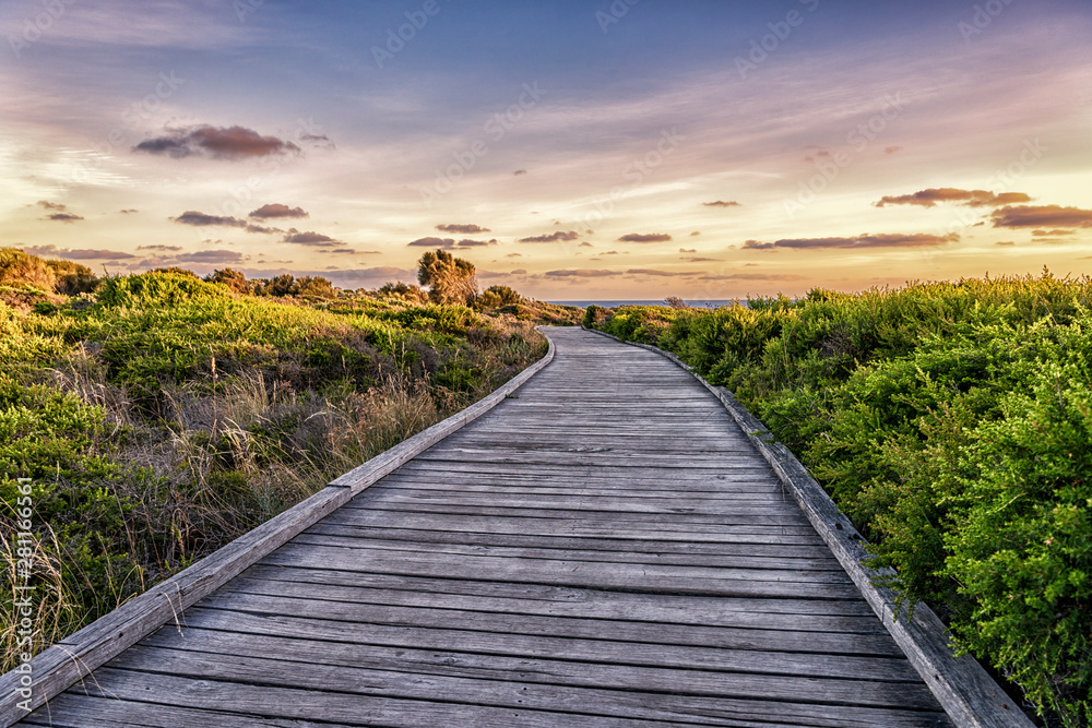 Wooden walkway to the beach at sunset, Great Ocean Road, Victoria, Australia