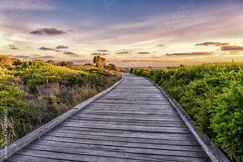 Wooden walkway to the beach at sunset  Great Ocean Road  Victoria  Australia