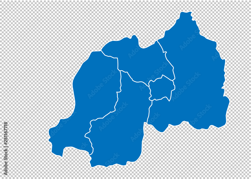 rwanda map - High detailed blue map with counties/regions/states of rwanda. rwanda map isolated on transparent background.