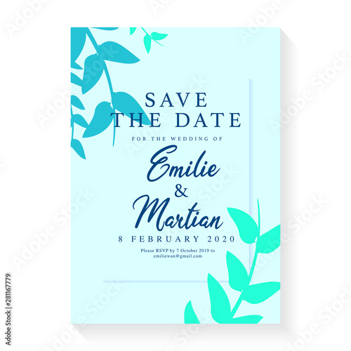 Minimalist wedding invitation card template design. Wedding ornament concept. Floral poster, invite. Vector decorative greeting card or invitation design background. Foliage card template