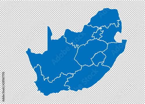 South Africa map - High detailed blue map with counties/regions/states of South Africa. South Africa map isolated on transparent background.