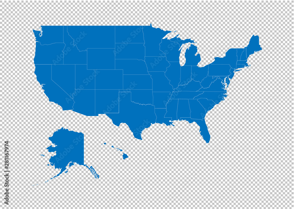 United state of america map - High detailed blue map with counties/regions/states of United state of america. United state of america map isolated on transparent background.