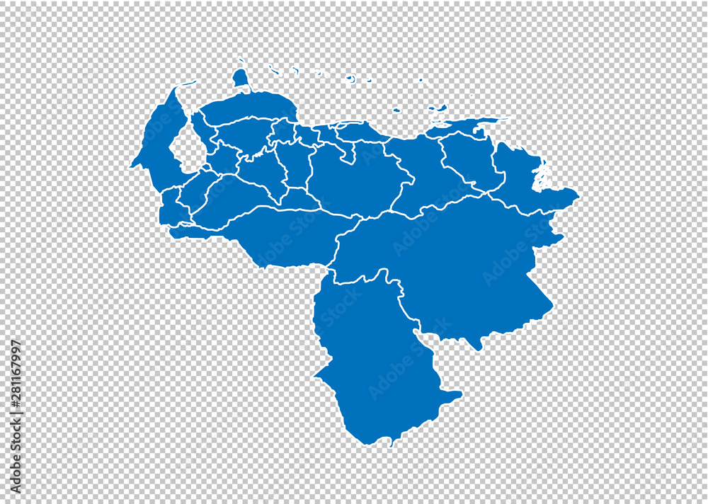 venezuela map - High detailed blue map with counties/regions/states of venezuela. venezuela map isolated on transparent background.