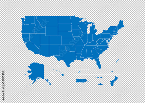 USA Territories map - High detailed blue map with counties/regions/states of USA Territories. USA Territories map isolated on transparent background.
