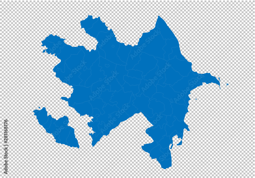azerbaijan map - High detailed blue map with counties/regions/states of azerbaijan. azerbaijan map isolated on transparent background.
