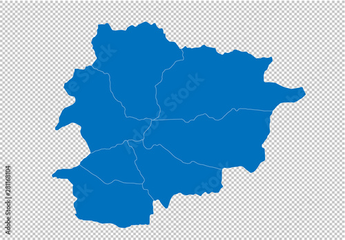 andorra map - High detailed blue map with counties/regions/states of andorra. andorra map isolated on transparent background.