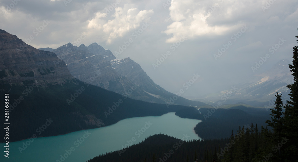 Another view of Mount Patterson and Peyto Lake as a storm moves through the valley
