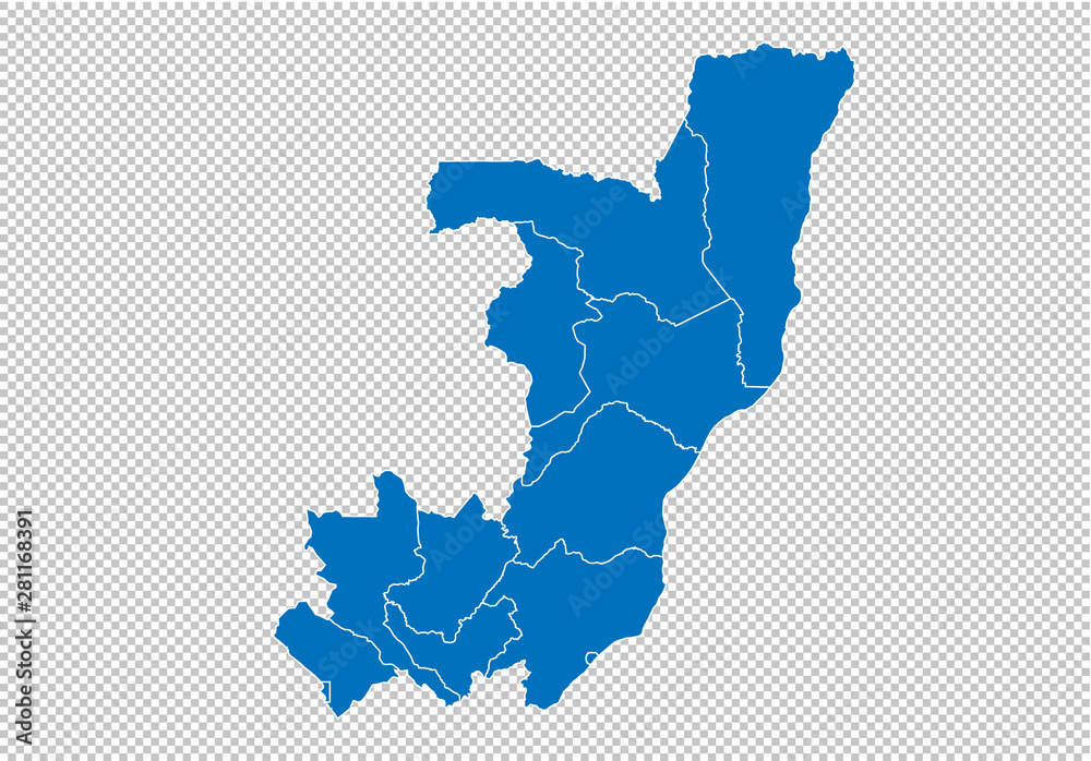 Obraz premium congo map - High detailed blue map with counties/regions/states of congo. congo map isolated on transparent background.