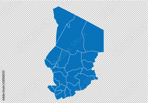 chad map - High detailed blue map with counties/regions/states of chad. chad map isolated on transparent background. photo