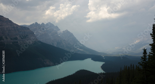 Another view of Mount Patterson and Peyto Lake as a storm moves through the valley photo