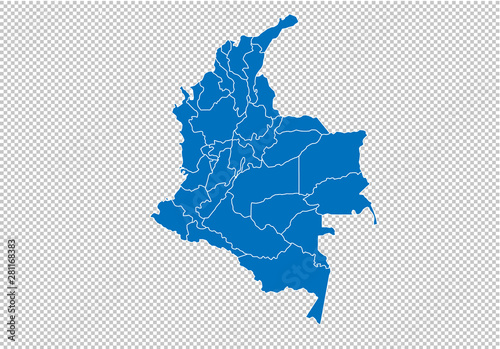 colombia map - High detailed blue map with counties/regions/states of colombia. colombia map isolated on transparent background.