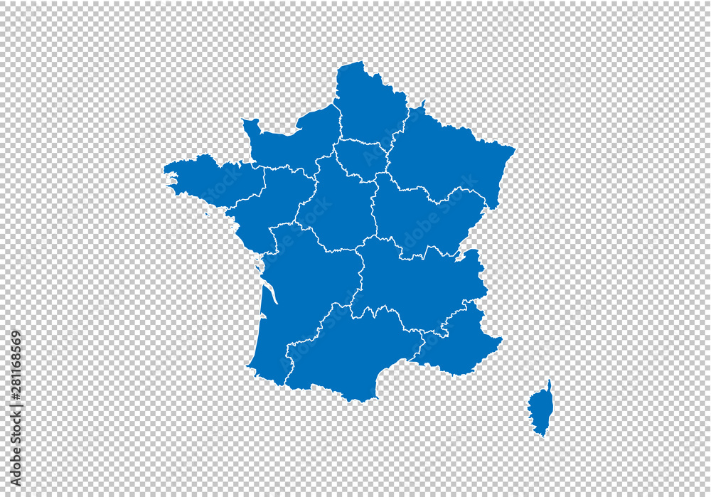 france map - High detailed blue map with counties/regions/states of france. france map isolated on transparent background.