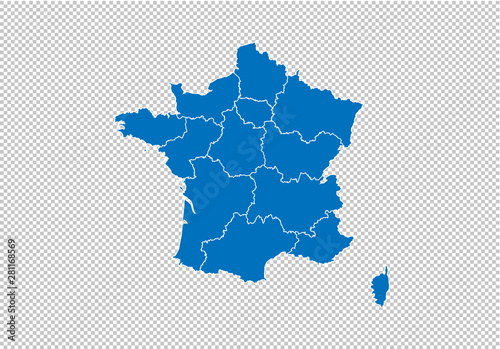 france map - High detailed blue map with counties/regions/states of france. france map isolated on transparent background.