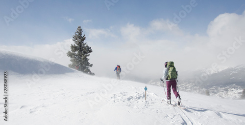 Skiers traversing wind blown terrain