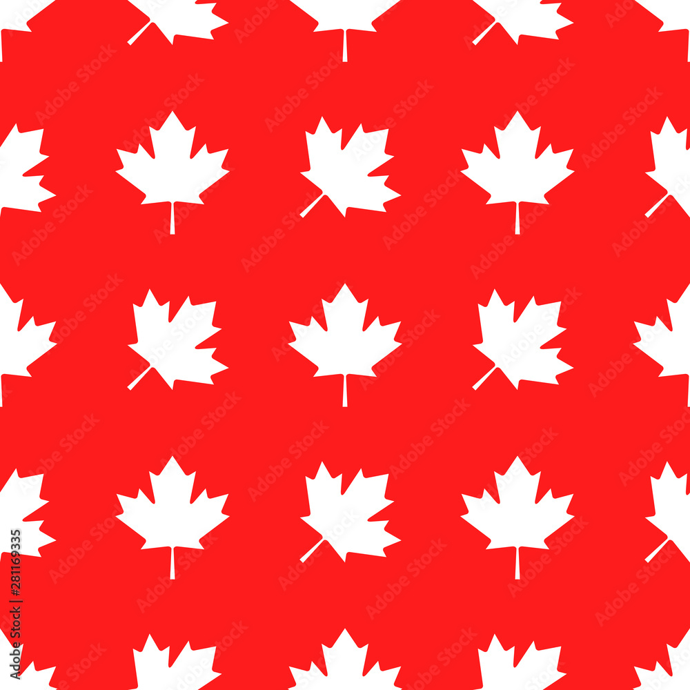 Canadian patriotic seamless pattern with national colors. White maple leaves repeat in row on red background. Simple design for wrapping or textile printing vector illustration. Canadian patriotic seamless pattern with national colors. White maple leaves repeat in row on red background. Simple design for wrapping or textile printing vector illustration.